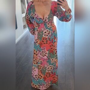 Pink and Green Plunge Neck Sundress with Bishop Sleeves